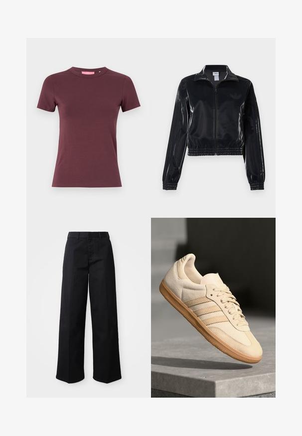 Čierna lesklá zipsová športová bunda s elastickými manžetami a spodným lemom, ktorá má jemné trojpruhové detaily na rukávoch a tonálny logotyp na hrudi.; JJXX JXGIGI TEE - Základné tričko - sassafras; Čierne široké nohavice z jemnej bavlny. Majú klasický pás, bočné vrecká a rovný strih po lem.; Svetlo béžová semišová teniska s gumovou podrážkou, tromi diagonálnymi pruhmi a textúrovaným špičkovým krytom. Obsahuje logo na jazyku a boku.