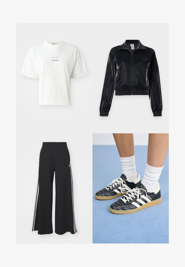Jachetă sport neagră, lucioasă, cu fermoar, cu manșete și tiv elastic, având detalii subtile cu trei dungi pe mâneci și un logo tonal pe piept.; Tricou scurt alb din bumbac, cu mâneci scurte, gât rotund și un logo imprimeu negru care spune "CPH STUDIOS" pe față.; Pantaloni de trening negri cu croială largă, prevăzuți cu un brâu elastic, având dungi laterale albe și un logo brodat pe coapsa stângă.; Adidași din piele neagră cu dungi albe, vârful rotund, șireturi albe și talpă din cauciuc natural. Accentuați de un guler căptușit și detalii de brand.