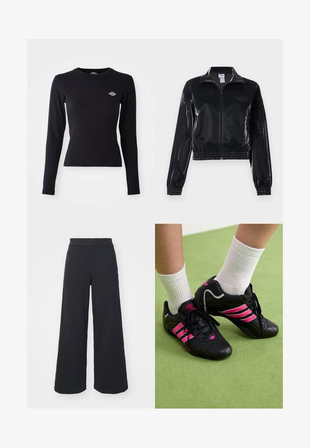 Svart, glinsende zip-up treningsjakke med elastiske mansjetter og nederkant, med subtile tre-stripes detaljer på ermene og en tonet logo på brystet.; Svart langermet topp laget av lett bomull, med rund halslinning og en liten brodert logo på venstre brystområde.; Svart bukse med vid benvidde laget av myk stoff, med elastisk midjebånd og en liten logo på venstre side.; Sorte sportsko med tre rosa striper, teksturert læroverdel, svarte snører og logodetalj, sammen med hvite ribbestrikkede sokker på grønt underlag.