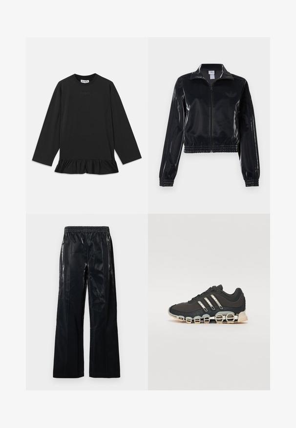 Fekete, fényes, cipzáras sportdzseki elasztikus mandzsettával és aljjal, a mára árnyalatú háromcsíkozás a ujjakon és egy tónusbeli logó a mellkason.; Fekete, hosszú ujjú felső kerek nyakkivágással, fodros aljjal és visszafogott felirat résszel elöl. Puha, kényelmes anyagból készült.; Fekete, széles szárú nadrág fényes anyagból. Rugalmas derékpánttal és függőleges varratokkal a struktúra és a dizájn érdekében. Sima textúra.; Fekete sportcipő texturált felsőrésszel, három ezüst csíkkal, és egy jellegzetes párnázott talppal, amely több integrált szakaszból áll.