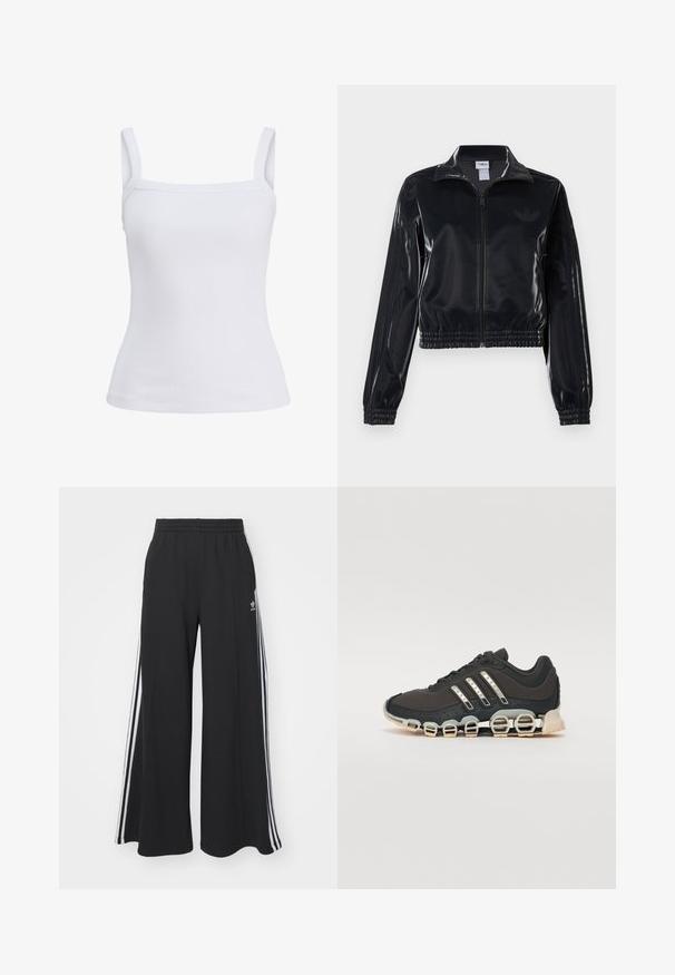 Svart, glinsende zip-up treningsjakke med elastiske mansjetter og nederkant, med subtile tre-stripes detaljer på ermene og en tonet logo på brystet.; Hvit ribbet tanktop med smale skulderstropper og en tettsittende silhuett, laget av mykt bomullsblandingsstoff. Ingen mønstre eller detaljer.; Svart vide joggebukser med elastisk midjebånd, med hvite sidestriper og brodert logo på venstre lår.; Svarte sportsko med en strukturert overflate, tre sølvstriper, og en distinkt støtdempende såle med flere integrerte seksjoner.