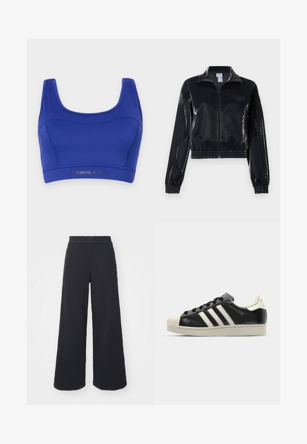 Giacca a piedi nera lucida con zip, dotata di polsini e orlo elastici, con discreti dettagli a tre strisce sulle maniche e un logo tonale sul petto.; Top sportivo blu realizzato in tessuto elasticizzato. Presenta un collo a scoop, spalline larghe e un elastico inferiore con la scritta "7 DAYS ACTIVE" stampata in argento.; Pantaloni felpati neri a gamba larga realizzati in tessuto morbido, con un elastico in vita e un piccolo logo sul lato sinistro.; Sneaker in pelle nera con strisce bianche, punta in gomma, lacci neri e suola di colore crema. Texture liscia con finitura brillante.