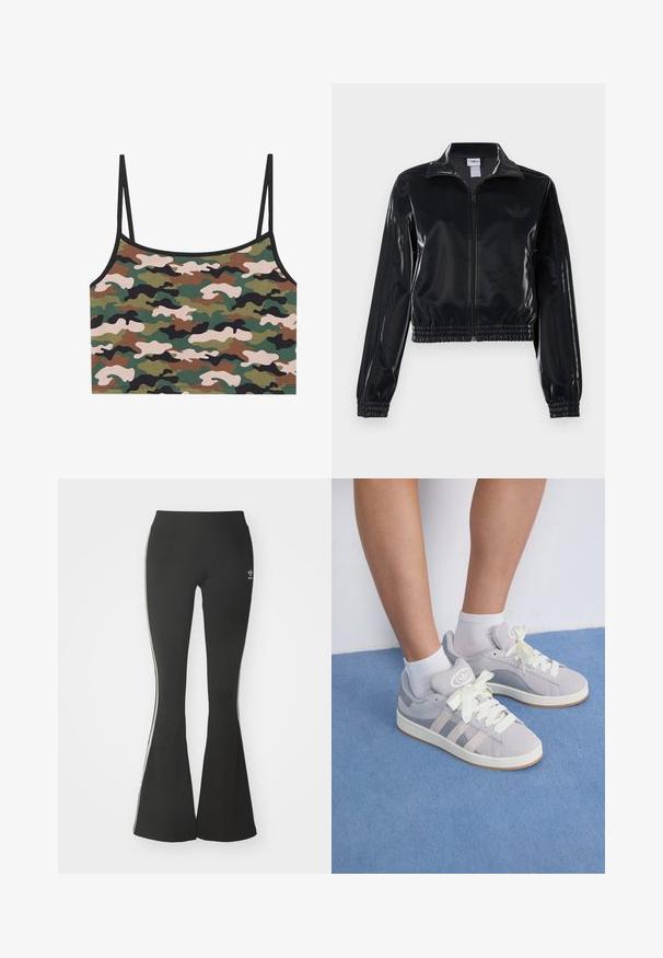 Juodas blizgus zip-up sportinis švarkas su elastinėmis rankovėmis ir apatine dalimi, su subtiliais trimis juostomis ant rankovių ir toniniu logotipu krūtinėje.; Karaokas trumpas topas su žaliomis, rudos ir rožinės spalvų raštais. Pagamintas iš minkštos medžiagos, su plonomis reguliuojamomis petnešomis ir juodu apvadu.; Juodos flaringo tipoLegginsai pagaminti iš elastingos medžiagos, turintys aukštą juosmenį ir baltas šonines juostas. Pridedama maža logotipas ties juosmeniu.; Pilki zomšiniai sportbačiai su baltais raišteliais ir guminiais padais, puikuojantys trimis įstrižainėmis juostelėmis šone ir logotipo etikete ant liežuvio.