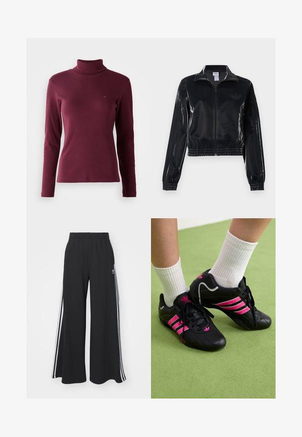 Juodas blizgus zip-up sportinis švarkas su elastinėmis rankovėmis ir apatine dalimi, su subtiliais trimis juostomis ant rankovių ir toniniu logotipu krūtinėje.; Burgundi ilgos rankovės golfas, pagamintas iš raštuoto audinio, su prigludusia siluetu ir mažu logotipu, išsiuvinėtu priekyje.; Juodos plačios kojų džinsinės kelnės su elastingu juosmeniu, turinčios baltas šonines juosteles ir išsiuvinėtą logotipą kairiajame šlaunyje.; Juodi sportiniai bateliai su trimis rožinėmis juostelėmis, tekstūruota odinė viršutinė dalis, juodi raišteliai ir logotipo detalė, derinami su baltais raukšlėtais kojiniais ant žalios paviršiaus.