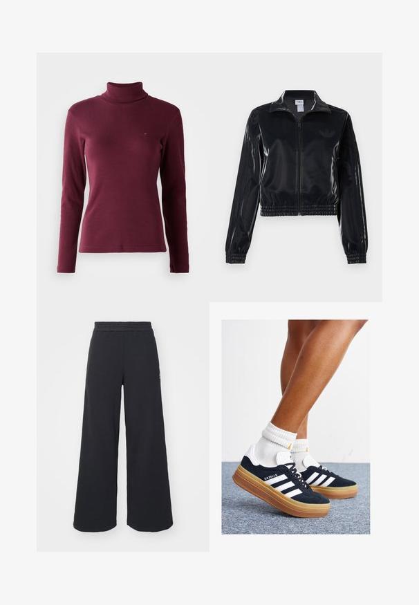 Casaco de treino preto brilhante com fecho éclair, punhos e barra elásticos, apresentando detalhes subtis de três riscas nas mangas e um logótipo tonal no peito.; Suéter de gola alta de manga longa na cor burgundy, feito de tecido canelado, com um design ajustado e um pequeno logótipo bordado na parte da frente.; Calças de fato largas, pretas, feitas de tecido macio, com uma cintura elástica e um pequeno logótipo do lado esquerdo.; Ténis de camurça preta com riscas e detalhes brancos, biqueira arredondada, sola em borracha cor de goma, combinados com meias brancas caneladas até à altura do tornozelo.