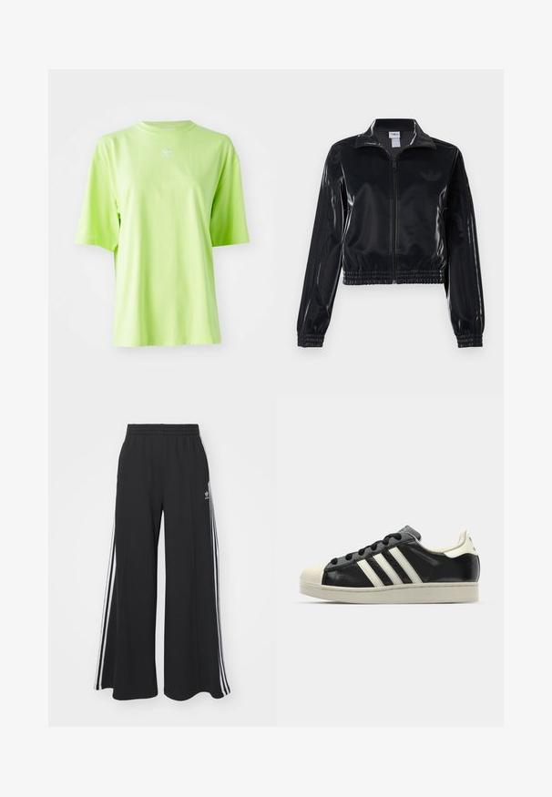 Juodas blizgus zip-up sportinis švarkas su elastinėmis rankovėmis ir apatine dalimi, su subtiliais trimis juostomis ant rankovių ir toniniu logotipu krūtinėje.; Lime žalia per didelė medvilninė marškinė, su apvaliu iškirptu kaklu ir trumpomis rankovėmis. Mažas baltas Adidas logotipas ant krūtinės.; Juodos plačios kojų džinsinės kelnės su elastingu juosmeniu, turinčios baltas šonines juosteles ir išsiuvinėtą logotipą kairiajame šlaunyje.; Juodi odiniai sportiniai bateliai su baltais dryžiais, guminis toe kapas, juodi raišteliai ir kreminis padas. Lygus pavirčius su blizgiu finišu.