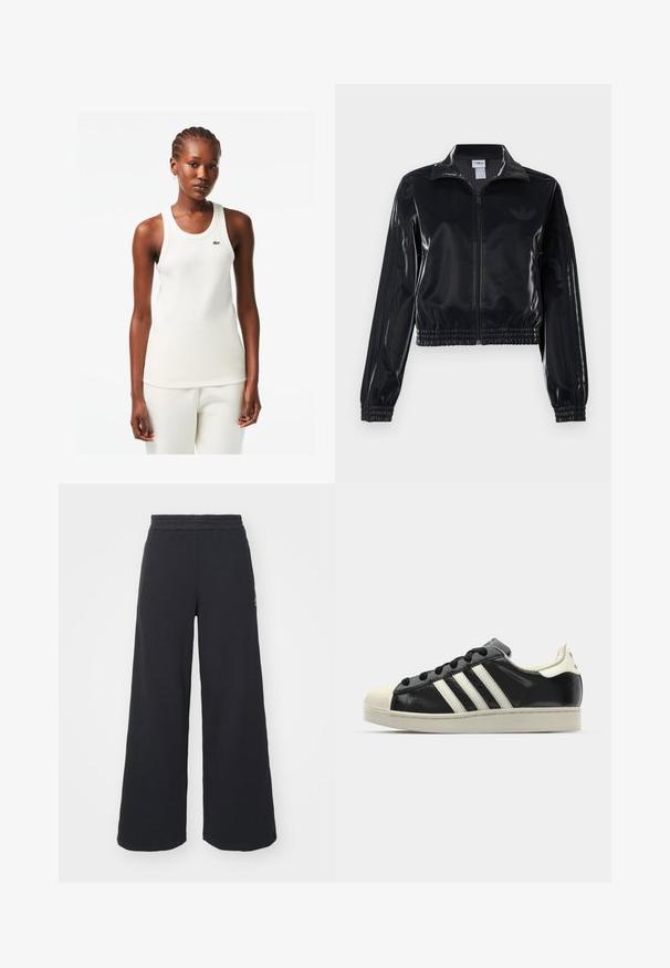 Must tume läikiv tõmblukuga spordijakk elastsete ääriste ja hemiga, millel on varrukatel peened kolmerealised detailid ja toon-on-tone logo rinnal.; Valge ribaga spordisärk ümmarguse kaelusega, millel on roheline Lacoste logo rinnal, koos sobivate valgete pükstega.; Mustad laiad spordipüksid, mis on valmistatud pehmest kangast, elastse vöökohtaga ja väikese logoga vasakul küljel.; Must have nahkased mustad tossud valgete triipudega, kummist varbakattega, mustade paeltega ja kreemika värvusega tallaga. Sile tekstuur ja läikiv viimistlus.