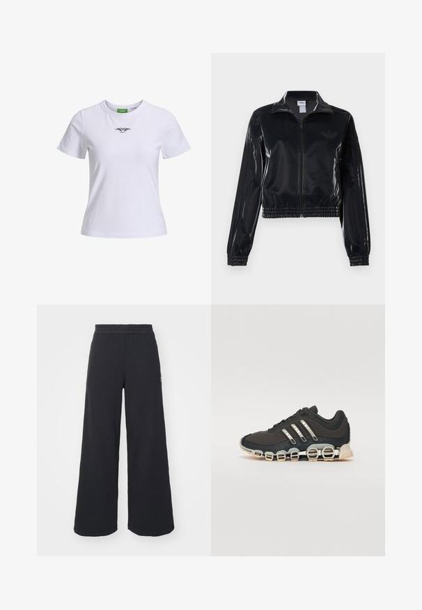 Juodas blizgus zip-up sportinis švarkas su elastinėmis rankovėmis ir apatine dalimi, su subtiliais trimis juostomis ant rankovių ir toniniu logotipu krūtinėje.; Balta medvilnės marškinėliai su apvalia iškirpte, trumpomis rankovėmis, su juodu grafiniu dizainu priekyje. Paprasta, klasikinė iškirptė.; Juoda plačių kojų sportinė kelnė, pagaminta iš minkštos medžiagos, su elastinga juosmens juosta ir mažu logotipu kairėje pusėje.; Juodos sportinės avalynės su tekstūruotu viršumi, trimis sidabro juostomis ir išskirtiniu amortizuojančiu padu, turinčiu kelias integruotas dalis.