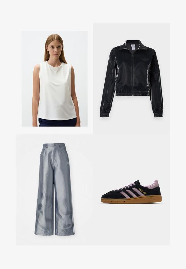 Veste de survêtement noire brillante à fermeture éclair, avec des poignets et un ourlet élastiques, arborant de subtils détails à trois rayures sur les manches et un logo ton sur ton sur le torse.; Top sans manches blanc en tissu doux avec un col rond, texture lisse, coupe décontractée et ourlet légèrement arrondi.; Pantalons à jambes larges en matériau gris brillant, présentant des bandes latérales blanches et un motif de flammes sur les jambes inférieures. Fermeture à bouton et à zip à la taille.; Baskets en suède noir et rose avec semelle en caoutchouc, trois rayures roses, marquage doré "SPEZIAL" et semelle en gomme texturée. Design basse.