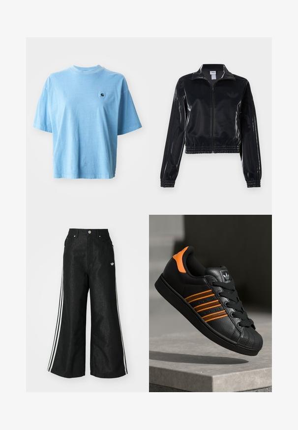 Melna spīdīga zip-up sporta jaka ar elastīgām piedurknēm un apakšmalu, ar smalku trīsrindu detaļu uz piedurknēm un tonālu logotipu uz krūšu daļas.; Gaiši zila kokvilnas T-krekls ar apaļu kaklu, īsām piedurknēm un kvadrātveida logotipa plāksteri kreisajā krūtī. Mīksta tekstūra un brīvs piegriezums.; Melni platās kājas džinsi ar trim baltām svītrām katrā pusē un mazu baltu logotipu. Iezīmē priekšējos kabatas un pogu aizdari.; Melnas kedas ar oranžiem akcentiem, trīs horizontālas svītras, teksturēts ādas augšdaļa, gumijas purngala daļa un melnas auklas.