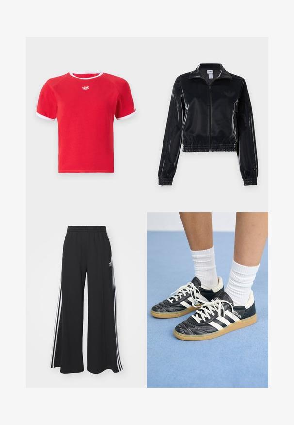 Černá lesklá sportovní bunda na zip s elastickými manžetami a lemem, s jemným trojpruhovým detailem na rukávech a tónovým logem na hrudi.; Červené bavlněné tričko s bílým lemem u límce a rukávů. Má kulatý výstřih a logo uprostřed. Krátké rukávy.; Černé pohodlné tepláky širokého střihu s elastickým pasem, na boční straně s bílými pruhy a vyšitým logem na levé stehně.; Černé kožené tenisky s bílými pruhy, kulatou špičkou, bílými tkaničkami a gumovou podrážkou. Zvýrazněno polstrovaným límcem a detaily s logem.