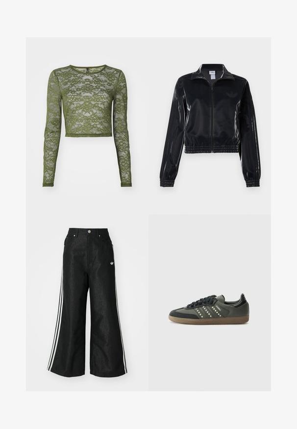 Must tume läikiv tõmblukuga spordijakk elastsete ääriste ja hemiga, millel on varrukatel peened kolmerealised detailid ja toon-on-tone logo rinnal.; Olive roheline pikkade varrukatega lühike topp, mis on valmistatud pitsist, lillemustriga ja ümmarguse kaelusega, millel on kindel ääre. Läbipaistev tekstuur kogu ulatuses.; Mustad mustadeline denimipüksid, millel on kummalgi küljel kolm valget triipu ja väike valge logo. Omab esikotte ja nööbiga kinnihoidmist.; adidas Originals SAMBA OG - Tossud - core black/legend earth/gum