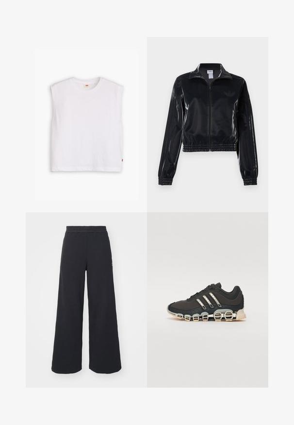 Chaqueta de chándal negra y brillante con cremallera, puños y dobladillo elásticos, que presenta un sutil detalle de tres rayas en las mangas y un logotipo tono sobre tono en el pecho.; Camiseta sin mangas de algodón blanca con escote redondo, corte recto y una pequeña etiqueta de logo roja en el dobladillo inferior. Textura suave.; Pantalones de chándal negros de pierna ancha, hechos de una tela suave, con una cintura elástica y un pequeño logo en el lado izquierdo.; Zapatilla deportiva negra con parte superior texturizada, tres rayas plateadas y una suela de amortiguación distintiva que presenta múltiples secciones integradas.