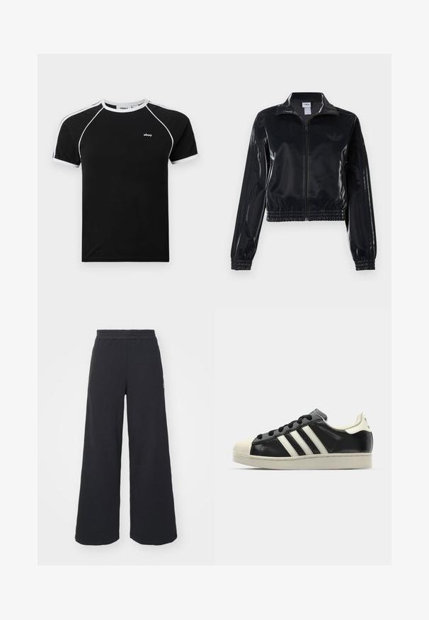 Juodas blizgus zip-up sportinis švarkas su elastinėmis rankovėmis ir apatine dalimi, su subtiliais trimis juostomis ant rankovių ir toniniu logotipu krūtinėje.; Juodas marškinėlis su baltais akcentais, su apvaliu kaklu, trumpomis raglano rankovėmis ir mažu logotipu ant krūtinės. Pagamintas iš minkštos medžiagos.; Juoda plačių kojų sportinė kelnė, pagaminta iš minkštos medžiagos, su elastinga juosmens juosta ir mažu logotipu kairėje pusėje.; Juodi odiniai sportiniai bateliai su baltais dryžiais, guminis toe kapas, juodi raišteliai ir kreminis padas. Lygus pavirčius su blizgiu finišu.