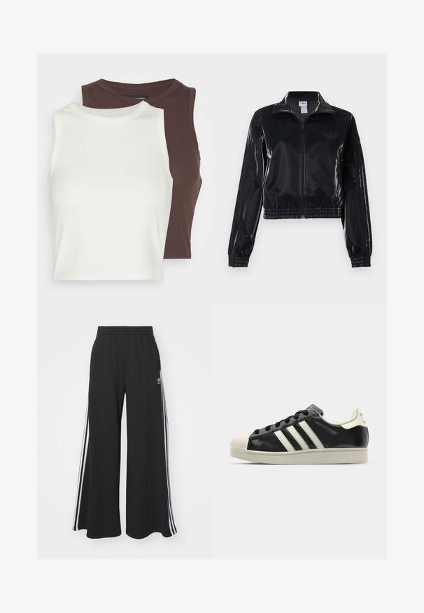 Casaco de treino preto brilhante com fecho éclair, punhos e barra elásticos, apresentando detalhes subtis de três riscas nas mangas e um logótipo tonal no peito.; Dois tops sem mangas, com textura canelada, nas cores branca e castanho-escuro. Ambos apresentam um decote alto e um material macio e elástico, ideal para sobreposições.; Calças de suor largas e pretas com uma cintura elástica, apresentando riscas brancas nas laterais e um logótipo bordado na coxa esquerda.; Sapatilha de couro preto com riscas brancas, biqueira de borracha, atacadores pretos e sola na cor creme. Textura suave com acabamento brilhante.