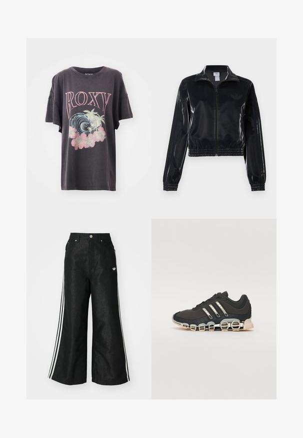 Juodas blizgus zip-up sportinis švarkas su elastinėmis rankovėmis ir apatine dalimi, su subtiliais trimis juostomis ant rankovių ir toniniu logotipu krūtinėje.; Tamsiai pilkas trumpomis rankovėmis marškinėliai su spalvingu piešiniu, kuriame užrašyta "ROXY", bangos, palmės ir rožinės gėlės. Atsitiktinis siluetas su apvaliu iškirpimu.; Juodos plačios džinsinės kelnės su trimis baltais juostelėmis kiekvienoje pusėje ir mažu baltu logotipu. Yra priekiniai kišenės ir sagčių užsegimas.; Juodos sportinės avalynės su tekstūruotu viršumi, trimis sidabro juostomis ir išskirtiniu amortizuojančiu padu, turinčiu kelias integruotas dalis.