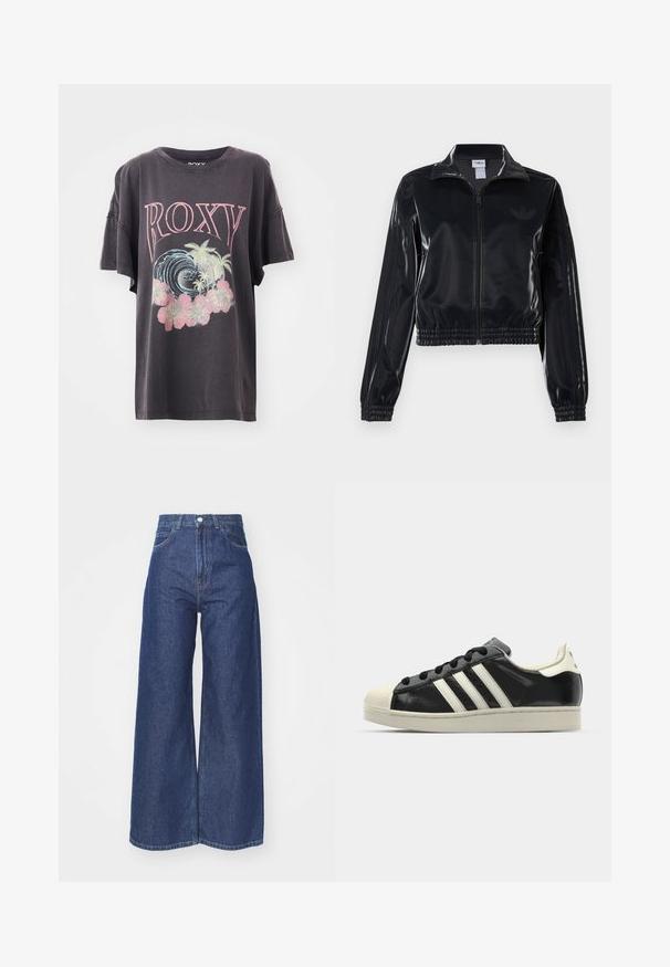 Jachetă sport neagră, lucioasă, cu fermoar, cu manșete și tiv elastic, având detalii subtile cu trei dungi pe mâneci și un logo tonal pe piept.; Tricou scurt gri închis cu mânecă scurtă, având un grafic colorat cu "ROXY", valuri, palmieri și flori roz. Croi casual cu decolteu rotund.; Jeanși cu picioare largi, din denim de culoare albastră închisă. Design cu talie înaltă, cu fermoar și închidere cu nasture. Prezintă un stil clasic cu cinci buzunare și margini tivite.; Sneaker din piele neagră cu dungi albe, vârf din cauciuc, șireturi negre și talpă de culoare crem. Textură netedă cu finisaj strălucitor.