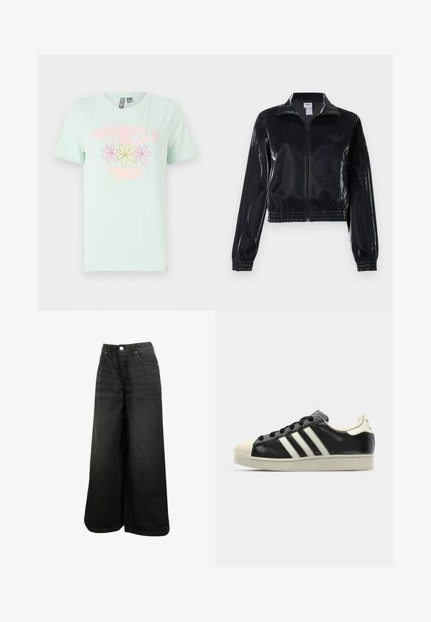 Melna spīdīga zip-up sporta jaka ar elastīgām piedurknēm un apakšmalu, ar smalku trīsrindu detaļu uz piedurknēm un tonālu logotipu uz krūšu daļas.; Minti zaļš kokvilnas T-krekls ar īsām piedurknēm, ar grafisku dizainu, kas attēlo dzeltenus un rozā ziedus, un tekstu "Laime ir vara."; Melnas plašas džinsu bikses ar augstu jostasvietu, priekšējo pogu, kabatām un smalku logotipu uz priekšējās kabatas.; Melna ādas sporta apava ar baltām svītrām, gumijas purngala aizsardzību, melnām auklām un krēma krāsas zoli. Gluda tekstūra ar spīdīgu apdari.