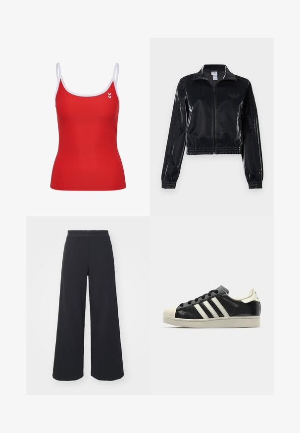 Zwarte glanzende zip-up trainingsjack met elastische mouwen en zoom, met subtiele drie-strepen details op de mouwen en een tonale logo op de borst.; Rode tanktop met witte bandjes, met een figuuraccentuerend ontwerp en logo detail op de linker borst. Gladde textuur, sportieve stijl.; Zwarte wijde sweatpants gemaakt van zachte stof, met een elastische tailleband en een klein logo aan de linkerkant.; Zwarte leren sneaker met witte strepen, rubberen teenbescherming, zwarte veters en een crèmekleurige loopzool. Glad oppervlak met een glanzende afwerking.