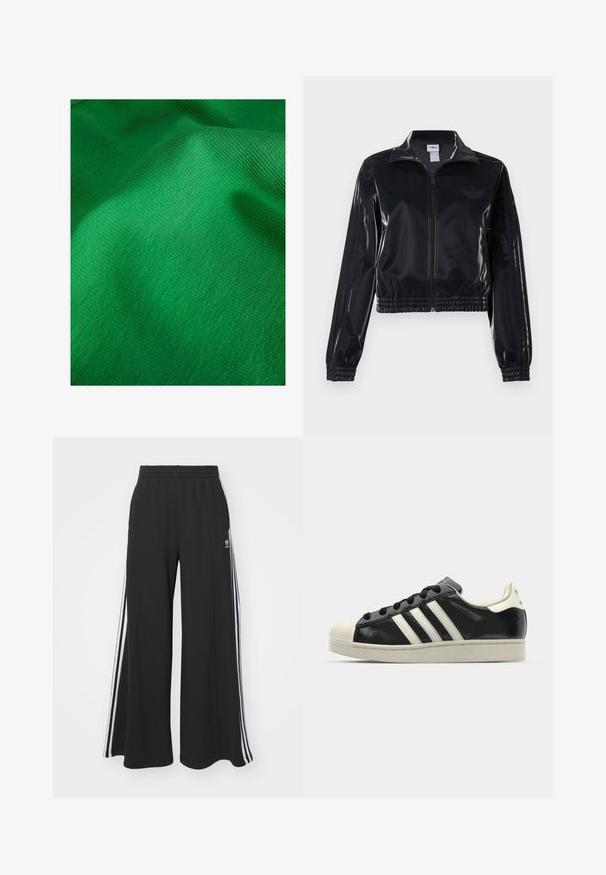 Must tume läikiv tõmblukuga spordijakk elastsete ääriste ja hemiga, millel on varrukatel peened kolmerealised detailid ja toon-on-tone logo rinnal.; Roheline tekstuuriga kangas peene ribaga mustriga, millel on siledad ja pehmed pinnakonstruktsioonid. Nähtav kerge sära.; Mustad laiad trenni püksid elastse vöökohtaga, millel on valged küljeribad ja tikitud logo vasakul reiel.; Must have nahkased mustad tossud valgete triipudega, kummist varbakattega, mustade paeltega ja kreemika värvusega tallaga. Sile tekstuur ja läikiv viimistlus.