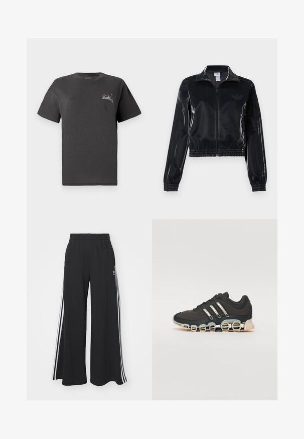 Zwarte glanzende zip-up trainingsjack met elastische mouwen en zoom, met subtiele drie-strepen details op de mouwen en een tonale logo op de borst.; Grijze katoenen t-shirt met korte mouwen. Heeft een klein multicolored geborduurd ontwerp op de borst met de tekst "Billing." Klassieke pasvorm.; Zwarte wijde sweatpants met een elastische tailleband, met witte zijstrepen en een geborduurd logo op de linker dij.; Zwarte sportschoen met een gestructureerde bovenkant, drie zilveren strepen en een kenmerkende dempingszool met meerdere geïntegreerde secties.
