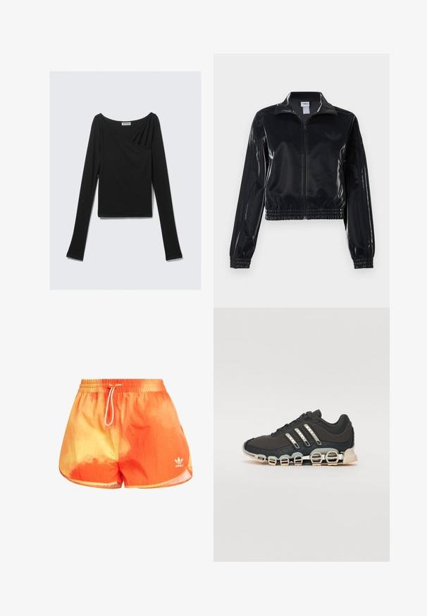 Černá lesklá sportovní bunda na zip s elastickými manžetami a lemem, s jemným trojpruhovým detailem na rukávech a tónovým logem na hrudi.; Černý top s dlouhým rukávem z měkkého materiálu, který má volný střih s překříženým předním dílem a lodním výstřihem. Hladká textura, zkrácená délka.; Plavky s oranžovo-žlutým gradientem a elastickým pasem, vyrobené z lehkého materiálu. Na levé noze je jemné logo.; Černá atletická bota s texturovaným svrškem, třemi stříbrnými pruhy a výraznou odpruženou podrážkou se spoustou integrovaných sekcí.