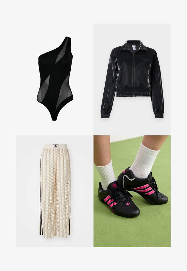 Black glossy zip-up track jacket with elastic cuffs and hem, featuring subtle three-stripe detailing on sleeves and a tonal logo on chest.; One-shoulder black swimsuit featuring a combination of solid and sheer panels, smooth texture, and form-fitting design.; Cream-colored wide-leg pants with a zigzag pattern, featuring a black logo waistband and side black stripes. Lightweight, textured fabric.; Black athletic shoes with three pink stripes, textured leather upper, black laces, and logo detail, paired with white ribbed socks on green surface.