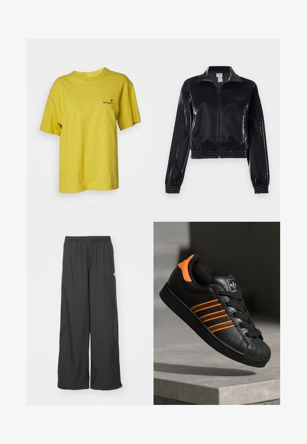Čierna lesklá zipsová športová bunda s elastickými manžetami a spodným lemom, ktorá má jemné trojpruhové detaily na rukávoch a tonálny logotyp na hrudi.; Carhartt WIP AMERICAN SCRIPT - Základné tričko - golden olive; Čierne, široké nohavice s elastickým pásom. Vyrobené z ľahkého materiálu, s jemnými bočnými švami a malým logom v bielej farbe.; Čierne tenisky s oranžovými akcentami, tromi horizontálnymi pruhmi, textúrovaným koženým zvrškom, gumovým ochranným vankúšikom na prstoch a čiernymi šnúrkami.