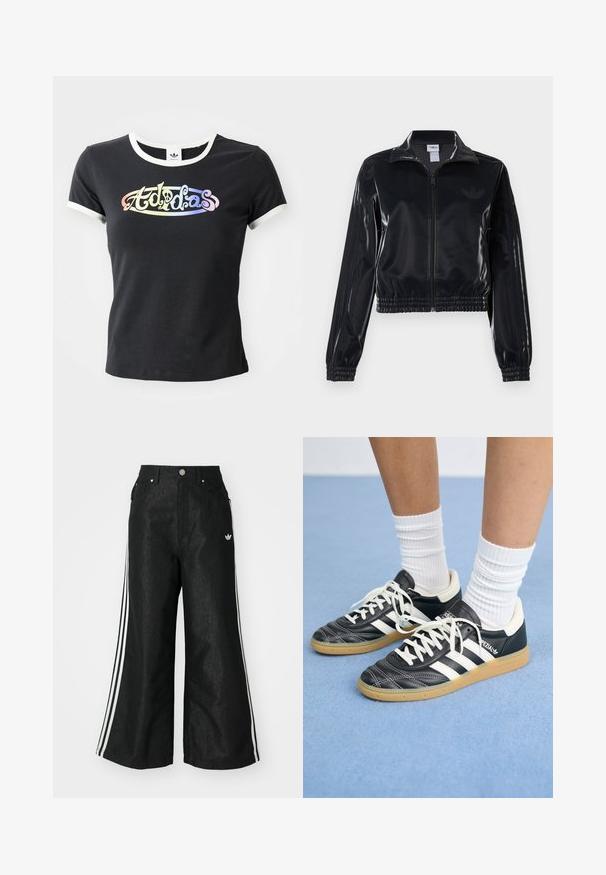 Μαύρο γυαλιστερό ζακέτα με φερμουάρ και ελαστικούς καρπούς και στρίφωμα, με διακριτικές τρεις λωρίδες στα μανίκια και λογότυπο σε τονική απόχρωση στο στήθος.; Μαύρη βαμβακερή μπλούζα με λευκό ριμπ λαιμό και μανίκια. Διαθέτει πολύχρωμο, στυλιζαρισμένο λογότυπο "Adidas" μπροστά.; Μαύρο τζιν παντελόνι με φαρδιά πόδια, με τρεις λευκές ρίγες σε κάθε πλευρά και ένα μικρό λευκό λογότυπο. Διαθέτει εμπρόσθιες τσέπες και κούμπωμα με κουμπί.; Μαύρα δερμάτινα αθλητικά παπούτσια με λευκές ρίγες, στρογγυλή μύτη, λευκές κορδόνες και σόλα από καουτσούκ. Ενισχυμένα με επενδεδυμένο κολάρο και λεπτομέρειες σήμανσης.