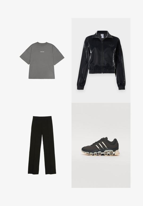 Černá lesklá sportovní bunda na zip s elastickými manžetami a lemem, s jemným trojpruhovým detailem na rukávech a tónovým logem na hrudi.; Šedé oversized tričko vyrobené z bavlny, s krátkými rukávy a kulatým výstřihem. Na přední straně je nápis "PEGADOR" v bílé barvě.; Černé široké kalhoty vyrobené z hladké tkaniny, s dobře padnoucím pasem a jemnými předními klíny pro zvýraznění textury.; Černá atletická bota s texturovaným svrškem, třemi stříbrnými pruhy a výraznou odpruženou podrážkou se spoustou integrovaných sekcí.