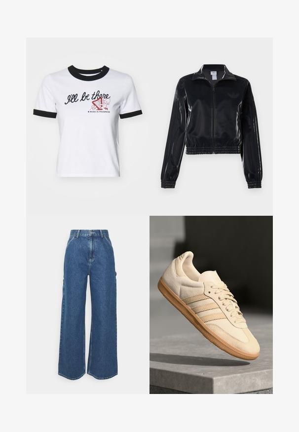 Casaco de treino preto brilhante com fecho éclair, punhos e barra elásticos, apresentando detalhes subtis de três riscas nas mangas e um logótipo tonal no peito.; T-shirt de algodão branco com gola e punhos canelados pretos. Apresenta o texto "Estarei lá" e um design gráfico com uma harpa.; Calças de ganga azuis de perna larga com cintura alta, costuras em contraste e bolsos laterais, apresentando um design clássico de cinco bolsos e bainhas desfiadas.; Sapatilha de camurça bege clara com sola de borracha, três riscas diagonais e uma biqueira texturizada. Apresenta o logótipo na língua e na lateral.