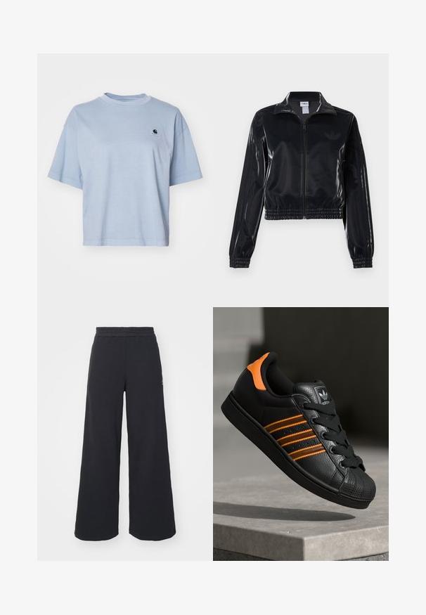 Čierna lesklá zipsová športová bunda s elastickými manžetami a spodným lemom, ktorá má jemné trojpruhové detaily na rukávoch a tonálny logotyp na hrudi.; Carhartt WIP NELSON - Základné tričko - dusty ice; Čierne širšie tepláky vyrobené z mäkkej látky, s elastickým pásom a malým logom na ľavej strane.; Čierne tenisky s oranžovými akcentami, tromi horizontálnymi pruhmi, textúrovaným koženým zvrškom, gumovým ochranným vankúšikom na prstoch a čiernymi šnúrkami.