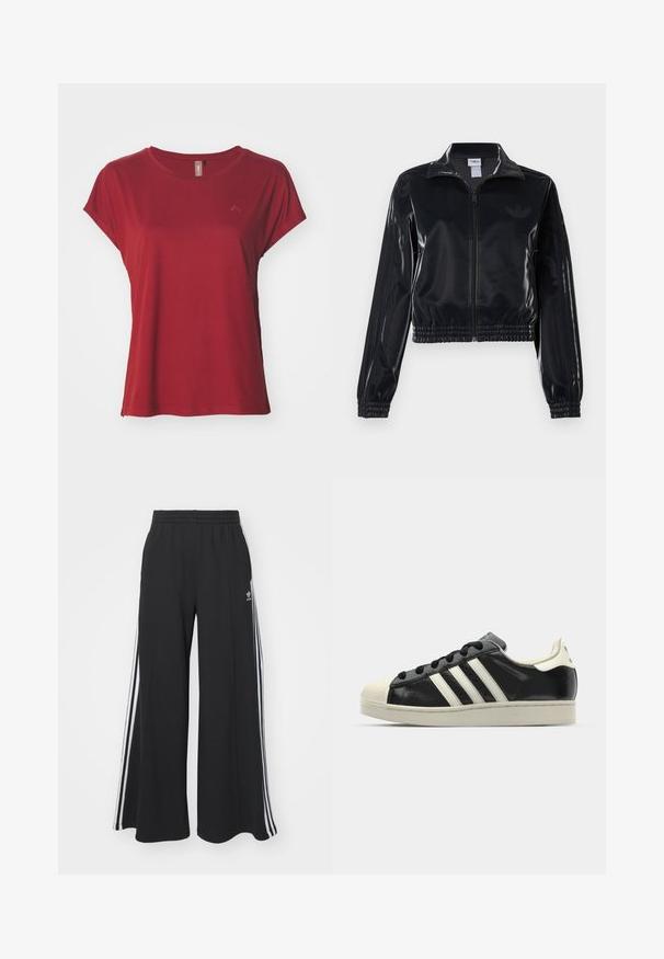 Melna spīdīga zip-up sporta jaka ar elastīgām piedurknēm un apakšmalu, ar smalku trīsrindu detaļu uz piedurknēm un tonālu logotipu uz krūšu daļas.; ONLY Play ONPAUBREE LIFE ON BAT LOOSE - Sporta krekli - sun-dried tomato; Melnas plašas sporta bikses ar elastīgu jostasvietu, kurām ir baltas sānu svītras un izšūts logo kreisajā augšstilbā.; Melna ādas sporta apava ar baltām svītrām, gumijas purngala aizsardzību, melnām auklām un krēma krāsas zoli. Gluda tekstūra ar spīdīgu apdari.