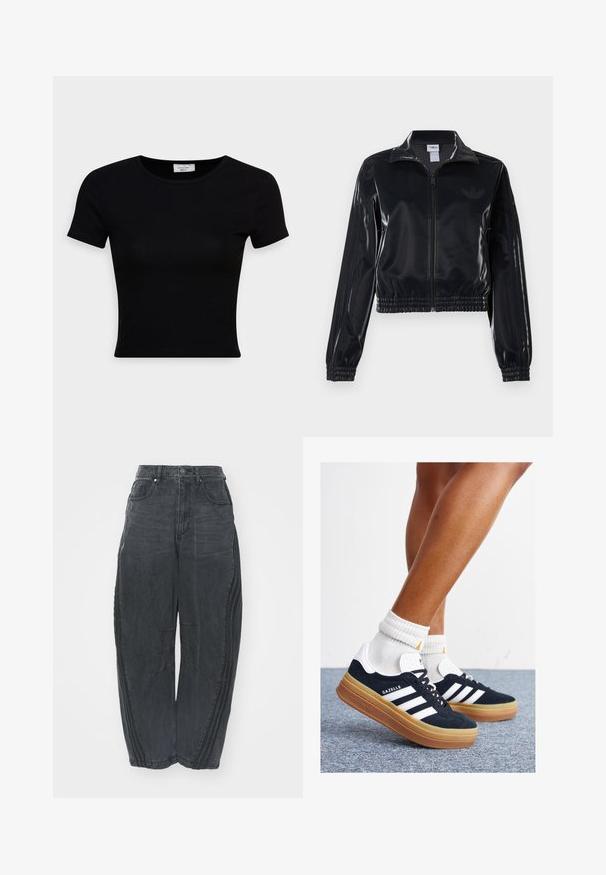 Juodas blizgus zip-up sportinis švarkas su elastinėmis rankovėmis ir apatine dalimi, su subtiliais trimis juostomis ant rankovių ir toniniu logotipu krūtinėje.; Juodas trumpas rankovės marškinėliai, pagaminti iš lygaus medvilnės audinio, su apvaliu iškirpimu ir prigludusia forma. Minimalistinis, be matomų raštų.; Palaidi juodi džinsai su išblukusiu paviršiumi, penkios kišenės, užsegimas liemeniui mygtuku ir siuvinėtos detalės priekyje bei šonuose.; Juodi zomšiniai sportbačiai su baltais dryžiais ir akcentais, apvalios nosies, guminio, gumos pado, derinami su baltais raitytais vidutinio ilgio kojinaitėmis.