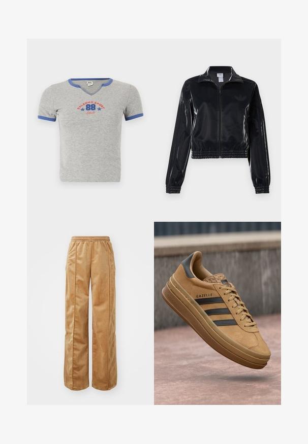 Chaqueta de chándal negra y brillante con cremallera, puños y dobladillo elásticos, que presenta un sutil detalle de tres rayas en las mangas y un logotipo tono sobre tono en el pecho.; Camiseta gris de manga corta con cuello en V y ribete azul. Presenta un gráfico de "Palermo Sport 88" en rojo y azul. Tejido de mezcla de algodón.; Pantalones de pierna ancha en tono beige, fabricados con un material suave y aterciopelado. Cuentan con una cinturilla elástica y costuras verticales en la parte delantera para un detalle adicional.; Zapatillas de ante color tostado con una textura suave, que cuentan con tres rayas oscuras, una puntera redondeada y una suela más gruesa con un borde estampado.
