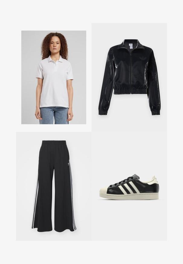 Svart, glinsende zip-up treningsjakke med elastiske mansjetter og nederkant, med subtile tre-stripes detaljer på ermene og en tonet logo på brystet.; Hvit polo skjorte med krage og tre knapper, laget av glatt stoff. Korte ermer, avslappet passform, kombinert med lyseblå jeans.; Svart vide joggebukser med elastisk midjebånd, med hvite sidestriper og brodert logo på venstre lår.; Svarte skinnsneakers med hvite striper, gummitopp, svarte lisser og en kremfarget såle. Glatt tekstur med blank finish.