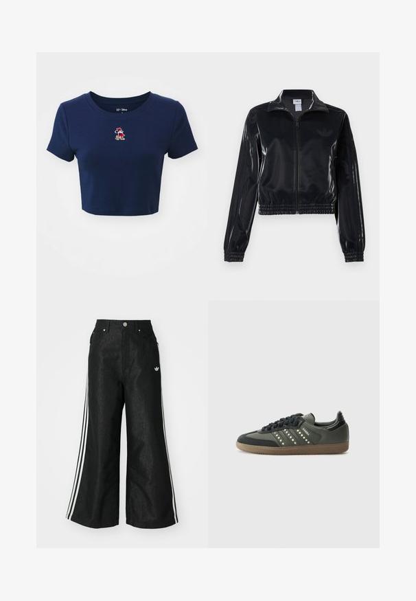 Must tume läikiv tõmblukuga spordijakk elastsete ääriste ja hemiga, millel on varrukatel peened kolmerealised detailid ja toon-on-tone logo rinnal.; GAP TEE - Trükipildiga T-särk - navy uniform; Mustad mustadeline denimipüksid, millel on kummalgi küljel kolm valget triipu ja väike valge logo. Omab esikotte ja nööbiga kinnihoidmist.; adidas Originals SAMBA OG - Tossud - core black/legend earth/gum