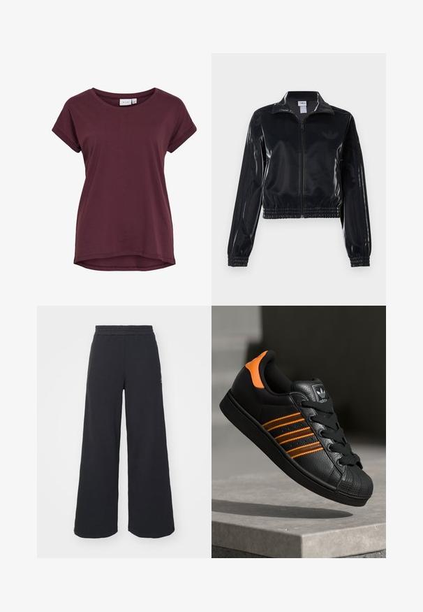 Fekete, fényes, cipzáras sportdzseki elasztikus mandzsettával és aljjal, a mára árnyalatú háromcsíkozás a ujjakon és egy tónusbeli logó a mellkason.; Burgundi színű, rövid ujjú póló, kerek nyakkivágással, enyhén hosszabb hátkarral és feltekert ujjal, puha anyagból készült.; Fekete, bő szárú melegítőnadrág, puha anyagból készült, rugalmas derékkal és egy kis logóval a bal oldalon.; Fekete sportcipő narancssárga részletekkel, három vízszintes csíkkal, texturált bőr felsőrésszel, gumis orral és fekete fűzőkkel.