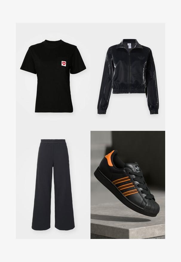 Czarna, błyszcząca kurtka sportowa na zamek błyskawiczny z elastycznymi mankietami i dołem, z subtelnym detalem w postaci trzech pasków na rękawach oraz stonowanym logo na klatce piersiowej.; Czarna bawełniana koszulka z okrągłym dekoltem i krótkimi rękawami. Posiada kieszonkę z przodu z logo czerwonego serca i białym napisem.; Czarne szerokie spodnie dresowe wykonane z miękkiego materiału, z elastycznym paskiem w talii oraz małym logo po lewej stronie.; Czarne sneakersy z pomarańczowymi akcentami, trzema poziomymi paseczkami, skórzaną cholewką o teksturowanej powierzchni, gumowym noskiem i czarnymi sznurówkami.
