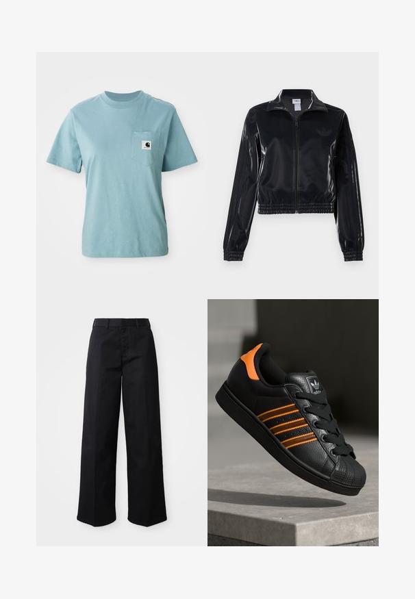 Must tume läikiv tõmblukuga spordijakk elastsete ääriste ja hemiga, millel on varrukatel peened kolmerealised detailid ja toon-on-tone logo rinnal.; Heledsinine lühikeste käistega puuvillane T-särk rinnahoidjaga, millel on väike must-valge Carhartti logo plaat.; Mustad laiad püksid, mis on valmistatud pehmest puuvillakangast. Omab klassikalist vöökohta, küljetaskuid ja sirget lõike püksijala lõpus.; Mustad mustad mustad oranzhides üksikasjad, kolm horisontaalset triipu, tekstureeritud nahk pealisosa, kummist varbaosa ja mustad paelad.