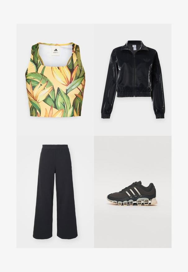 Melna spīdīga zip-up sporta jaka ar elastīgām piedurknēm un apakšmalu, ar smalku trīsrindu detaļu uz piedurknēm un tonālu logotipu uz krūšu daļas.; Dzeltena augšdaļa ar tropisko lapu un ziedu rakstu, kas izgatavota no gludas auduma, ar noapaļotu kakla izgriezumu un racerback dizainu.; Melni platās svārku bikses, izgatavotas no mīksta auduma, ar elastīgu jostas daļu un mazu logotipu kreisajā pusē.; Melna sporta apavi ar teksturētu augšdaļu, trim sudraba svītrām un atšķirīgu amortizācijas zoli, kas sastāv no vairākiem integrētiem sekvencēm.