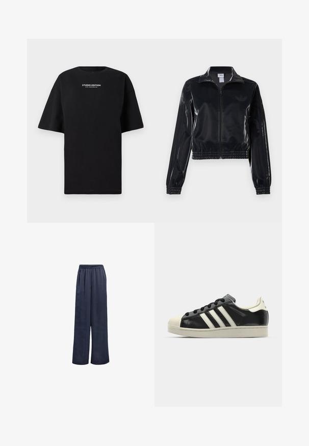 Svart, glinsende zip-up treningsjakke med elastiske mansjetter og nederkant, med subtile tre-stripes detaljer på ermene og en tonet logo på brystet.; Svart oversized t-skjorte laget av bomull, med rund hals og korte ermer, med "STUDIO EDITION" trykt i hvitt.; Marine viddebukser laget av glatt stoff med elastisk midje og uten synlig hardvare. Har en avslappet passform og full lengde.; Svarte skinnsneakers med hvite striper, gummitopp, svarte lisser og en kremfarget såle. Glatt tekstur med blank finish.