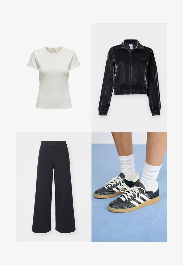 Melna spīdīga zip-up sporta jaka ar elastīgām piedurknēm un apakšmalu, ar smalku trīsrindu detaļu uz piedurknēm un tonālu logotipu uz krūšu daļas.; Balts īsās piedurknes T-krekls ar apaļu kakla izgriezumu, izgatavots no ribotas auduma. Gluda tekstūra un pieguļošs siluets. Etiķete redzama iekšpusē pie kakla.; Melni platās svārku bikses, izgatavotas no mīksta auduma, ar elastīgu jostas daļu un mazu logotipu kreisajā pusē.; Melnas ādas sporta apavus ar baltām svītrām, apaļu purngalu, baltām auklām un gumijas zoli. Izceļas ar mīksto apkakli un zīmola detaļām.