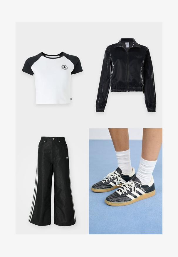 Black glossy zip-up track jacket with elastic cuffs and hem, featuring subtle three-stripe detailing on sleeves and a tonal logo on chest.; Short-sleeve raglan t-shirt in white with black sleeves, featuring a round neck and a circular logo on the chest. Made of cotton fabric.; Black wide-leg denim pants with three white stripe accents on each side and a small white logo. Features front pockets and a button closure.; Black leather sneakers with white stripes, round toe, white laces, and gum rubber sole. Accentuated by padded collar and branding details.