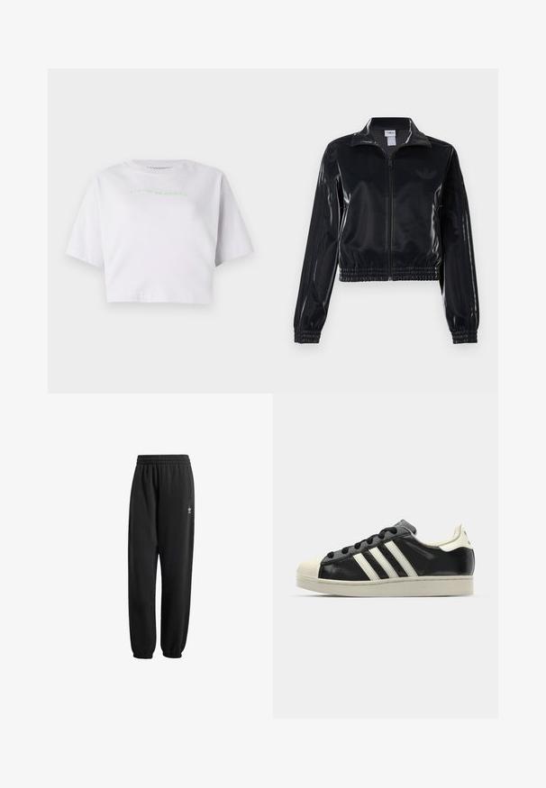 Schwarze, glänzende Trackjacke mit Reißverschluss und elastischen Bündchen und Saum, die dezente Drei-Streifen-Details an den Ärmeln und ein tonales Logo auf der Brust aufweist.; Zugeschnittenes weißes T-Shirt aus Baumwolle, mit kurzen Ärmeln und grüner gestickter Aufschrift "Warten auf den Sonnenuntergang."; Schwarze Jogginghose aus weichem, strukturiertem Stoff. Sie verfügt über einen elastischen Bund, Bündchen und ein kleines weißes Logo in Hüfthöhe.; Schwarze Ledersneaker mit weißen Streifen, Gummikappe, schwarzen Schnürsenkeln und einer cremefarbenen Sohle. Glatte Textur mit glänzender Oberfläche.