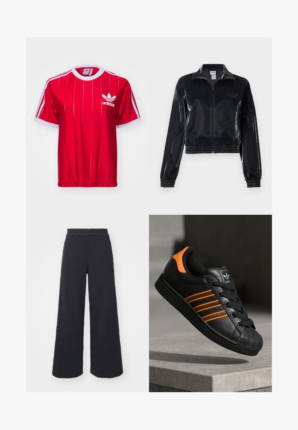 Černá lesklá sportovní bunda na zip s elastickými manžetami a lemem, s jemným trojpruhovým detailem na rukávech a tónovým logem na hrudi.; adidas Originals ADICOLOR 3-STRIPES PINSTRIPE - Triko s potiskem - better scarlet; Černé široké tepláky vyrobené z měkké tkaniny, s elastickým pasem a malým logem na levé straně.; Černé tenisky s oranžovými akcenty, třemi horizontálními pruhy, texturovaným koženým svrškem, gumovou špicí a černými tkaničkami.