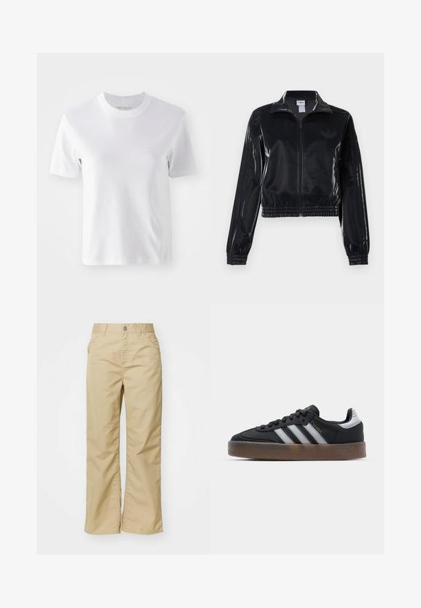 Črna sijajna zip-up trenirka z elastičnimi manšetami in robom, z diskretnimi tridelnimi detajli na rokavih in toniranim logotipom na prsih.; Bela bombažna majica s kratkimi rokavi, ki ima krožni ovratnik in majhen vezen logotip na prsih, gladko teksturo in preprost dizajn.; Bež široke hlače madeža iz bombaža z gladko teksturo, ki imajo sprednja žepa in srebrn gumb na pasu.; Črne teniske s elegantnim dizajnom, ki imajo tri bele črte, črn jezik in teksturiran rjav gumijast podplat. Akcenti z zlatim napisom.