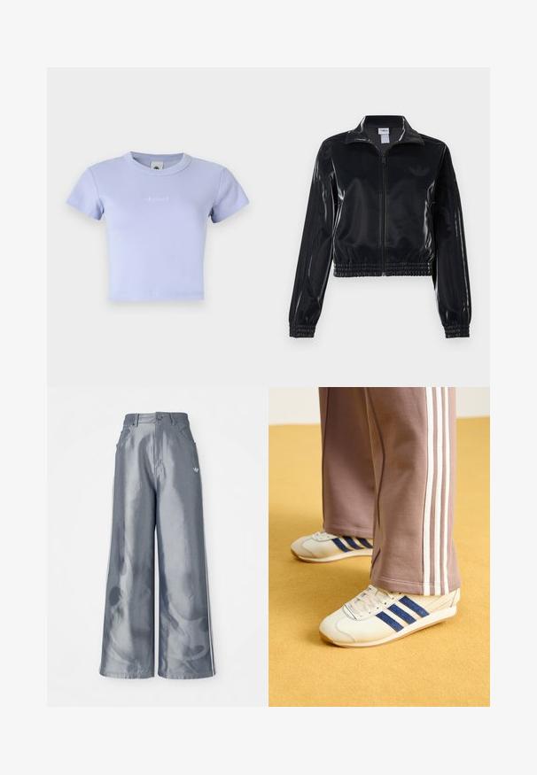 Fekete, fényes, cipzáras sportdzseki elasztikus mandzsettával és aljjal, a mára árnyalatú háromcsíkozás a ujjakon és egy tónusbeli logó a mellkason.; Világos lila bordázott pamut rövid ujjú crop póló, kerek nyakkivágással. Elöl diszkrét hímzett logó található.; Fényes szürke anyagú, bőszárú nadrág, fehér oldalsávokkal és lángmintával az alsó lábakon. Gombos és cipzáras záródás a deréknál.; Krém színű sneakers, kék velúr csíkokkal, fehér fűzővel és gumitalppal. Szürke melegítőnadrággal párosítva, fehér oldalsó csíkokkal.