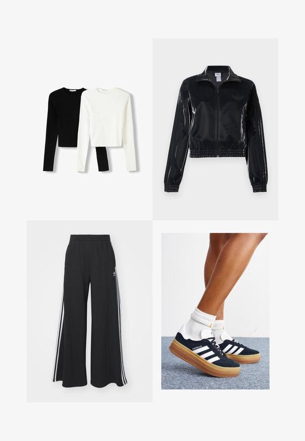 Fekete, fényes, cipzáras sportdzseki elasztikus mandzsettával és aljjal, a mára árnyalatú háromcsíkozás a ujjakon és egy tónusbeli logó a mellkason.; Két hosszú ujjú, rövid fazonú felső, az egyik fekete, a másik fehér, sima anyagból készült, kerek nyakkivágással és testhezálló fazonnal.; Fekete, bő szárú melegítőnadrág, rugalmas derékkal, fehér oldalsávokkal és hímzett logóval a bal combon.; Fekete velúr sportcipő fehér csíkokkal és díszítésekkel, lekerekített orral, gumitalpú külső résszel, fehér bordázott bokazoknival párosítva.