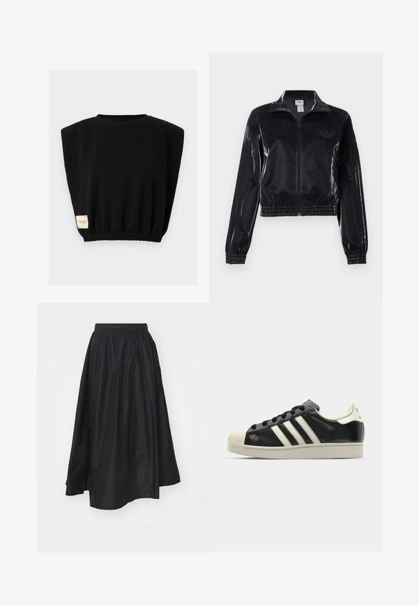 Melna spīdīga zip-up sporta jaka ar elastīgām piedurknēm un apakšmalu, ar smalku trīsrindu detaļu uz piedurknēm un tonālu logotipu uz krūšu daļas.; Melnā īsajām piedurknēm sporta krekls ar brīvu piegulšanu, elastīgu apakšmalu un uzlīmi kreisajā pusē. Izgatavots no mīksta, ērta auduma.; Melna, līdz ceļiem garš svārku, izgatavots no viegla auduma, ar elastīgu jostasvietu un paplatinātu dizainu, kas nodrošina kustību brīvību.; Melna ādas sporta apava ar baltām svītrām, gumijas purngala aizsardzību, melnām auklām un krēma krāsas zoli. Gluda tekstūra ar spīdīgu apdari.